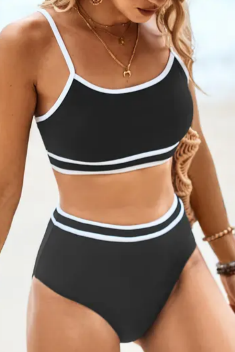 2026 Women's Ribbed Color Block High Waist Two-Piece Bikini Set