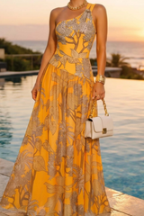2026 Women's Yellow Printed One-Shoulder Swimsuit and Skirt Two-Piece Set
