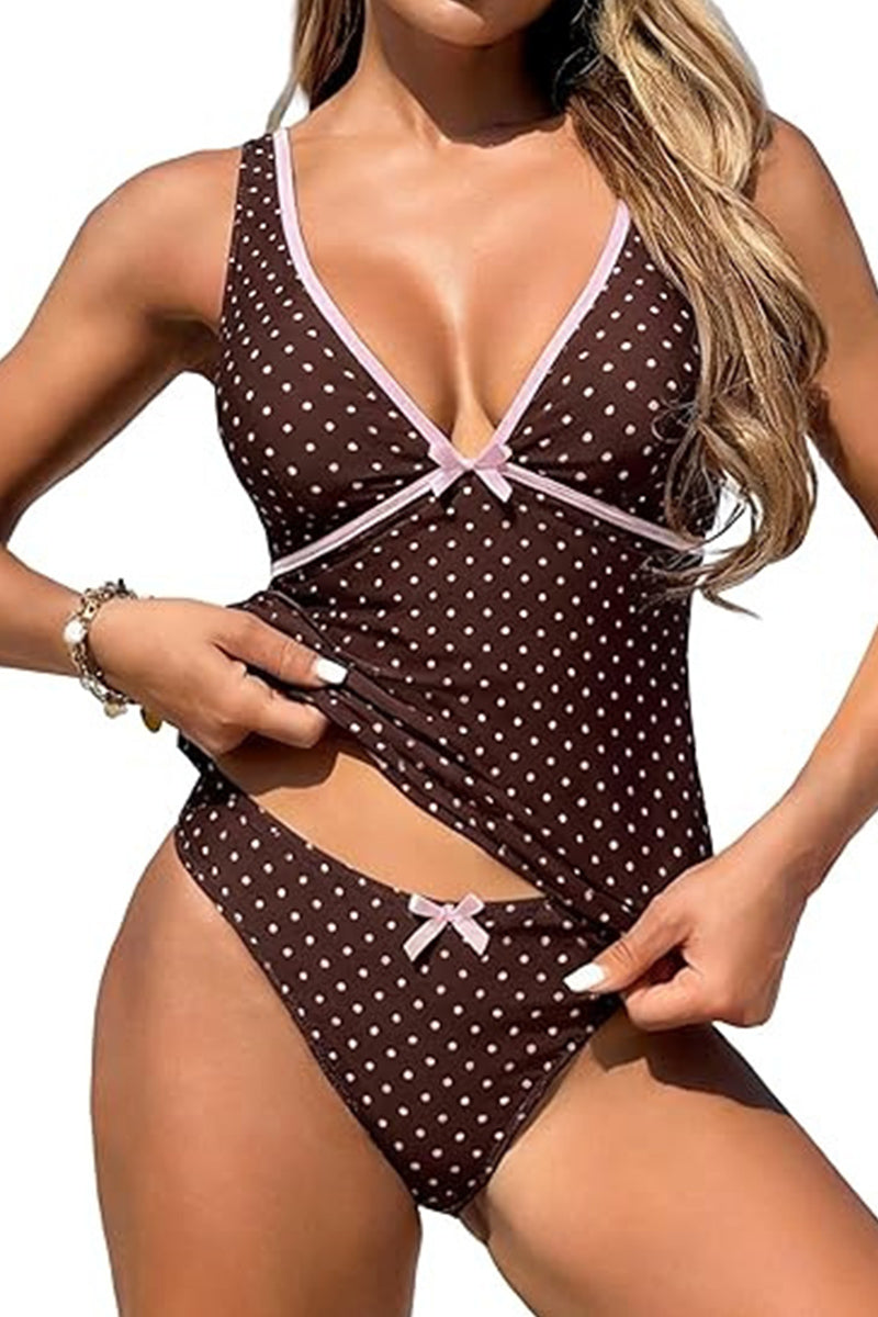 2026 Women's V-Neck Bow Color-Blocked Tank Top Swimsuit