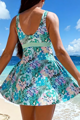 2026 Women's Printed Tropical Garden One-Piece Swim Dress with Waist Cinching