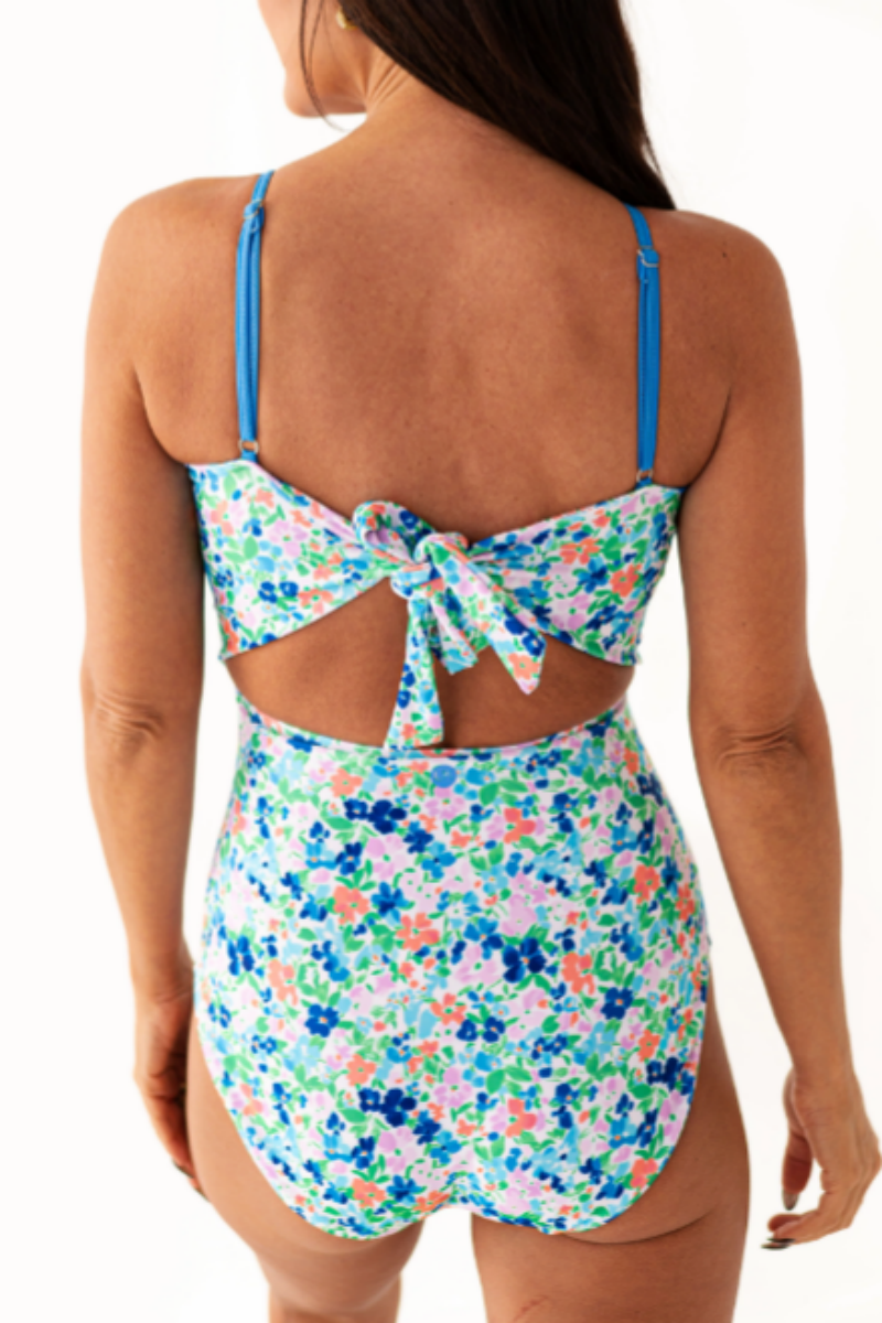 2026 Women's Floral Cutout Back Tie One-Piece Swimsuit