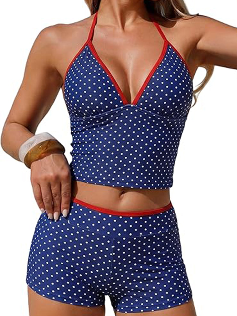 2026 Blue White Polka Dot Halter Side Cutout Two-Piece Tankini Swimsuit