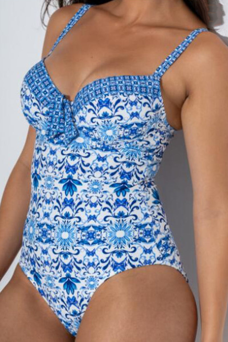 2026 Women's Retro Piping Front Tie Design One-Piece Swimsuit
