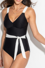 2026 Women's Solid Color Patchwork Swimsuit With Waist Tie