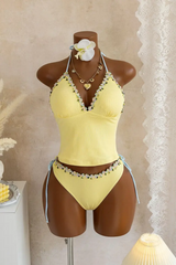 2026 Women's Stylish Two-Piece Tankini Swimsuit with Solid Color and Floral Lace Paneling
