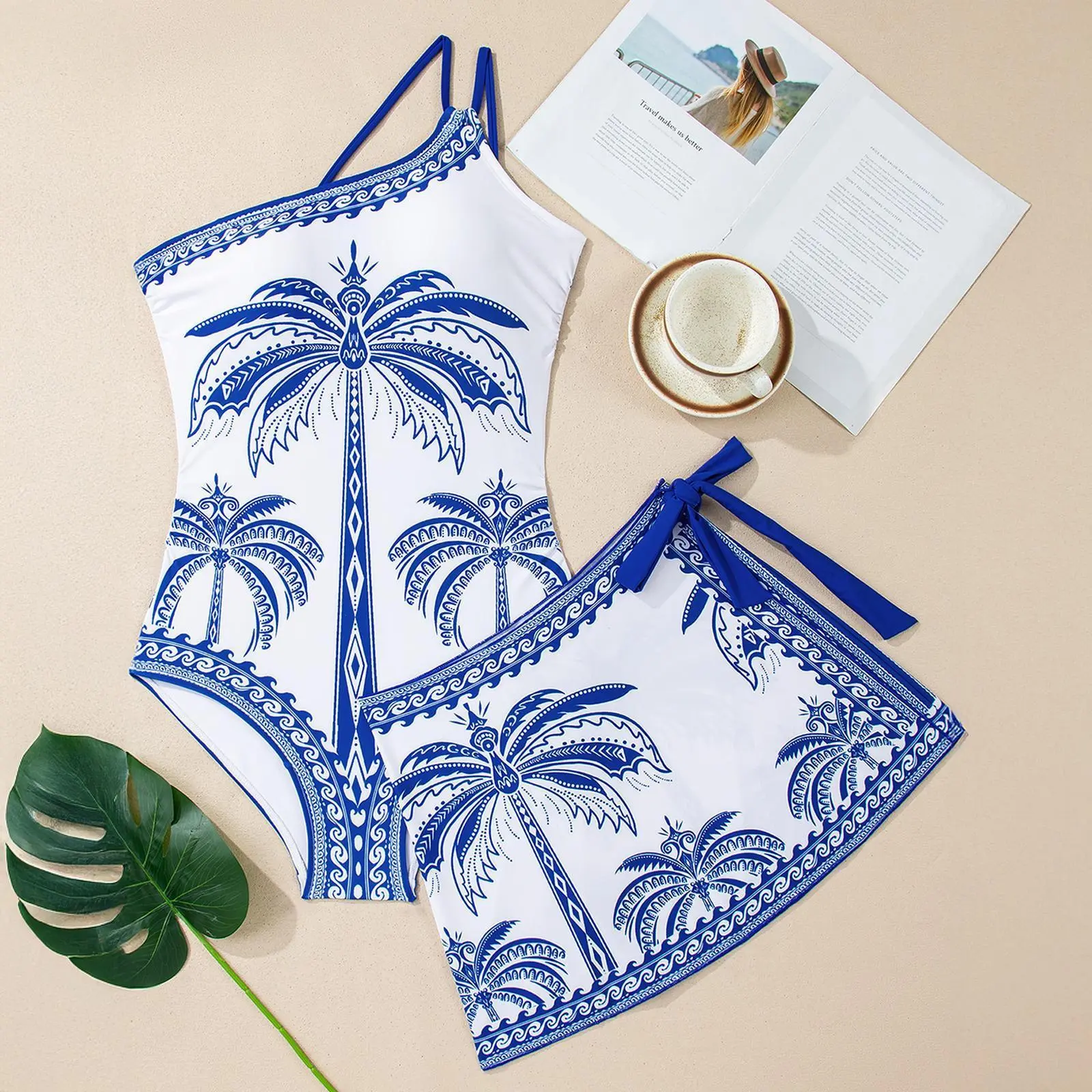 2026 Women's One-Shoulder Printed Two-Piece Swimsuit Dress Set