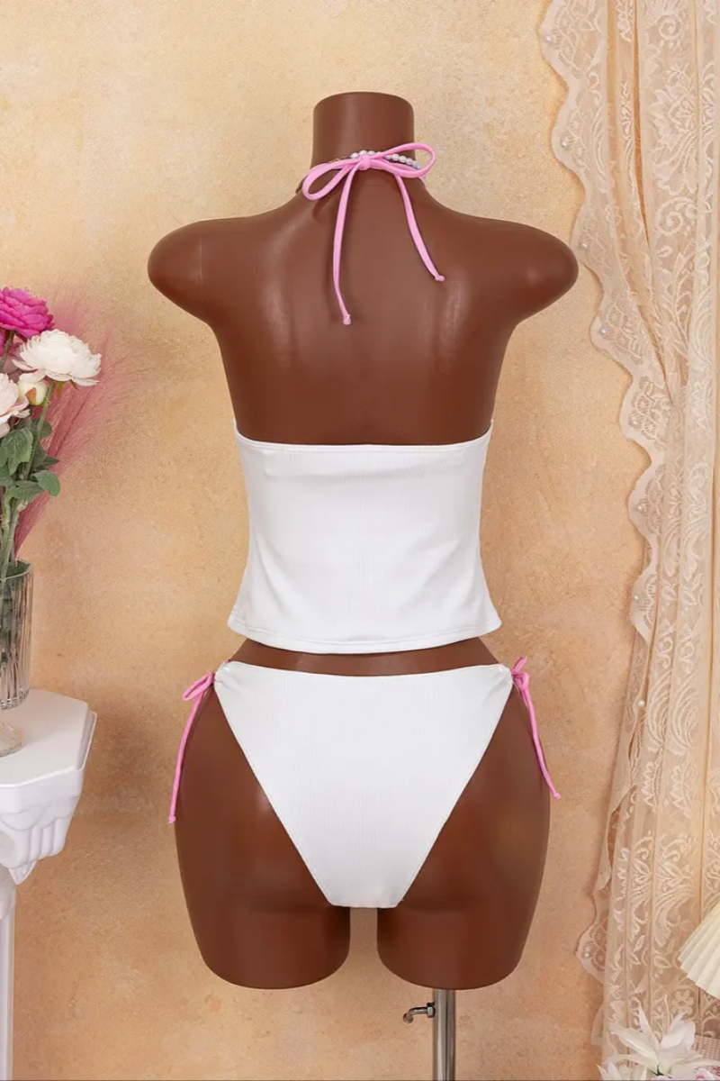 2026 Women's Stylish Two-Piece Tankini Swimsuit with Solid Color and Floral Lace Paneling