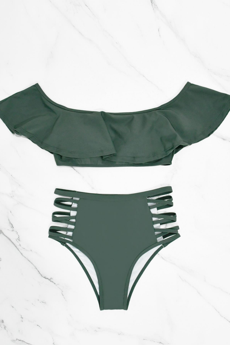 2026 Women's Solid Color Cross-Hole Off-Shoulder Ruffle Bikini Swimsuit Set
