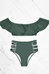 2026 Women's Solid Color Cross-Hole Off-Shoulder Ruffle Bikini Swimsuit Set