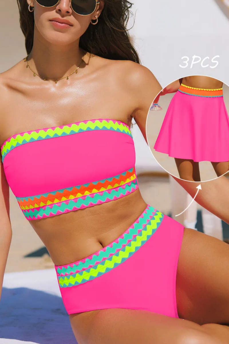 2026 Women's Color Block Trim Strapless Swimsuit with Detachable Straps, Three-Piece Set