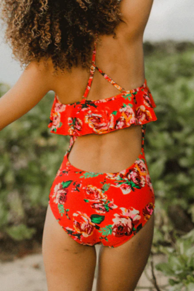 2026 Women's Red Floral Ruffle One-Piece Swimsuit