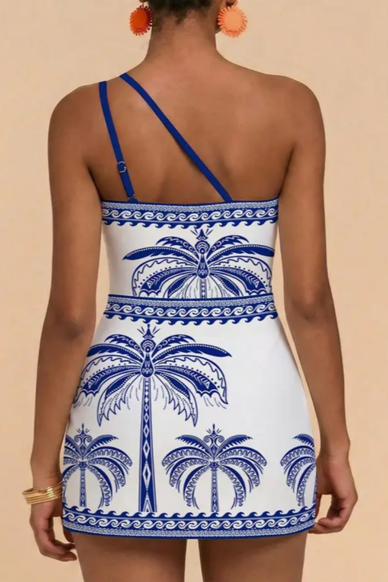 2026 Women's One-Shoulder Printed Two-Piece Swimsuit Dress Set