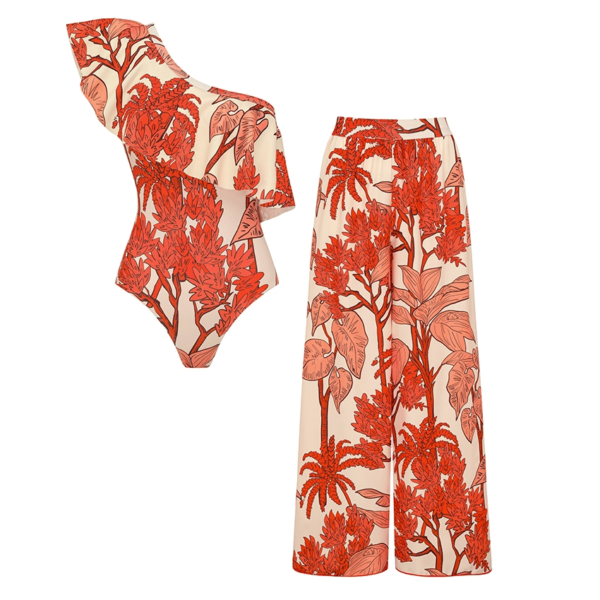 2026 Women's One-Shoulder Ruffled Botanical Print Swimsuit Two-Piece Set