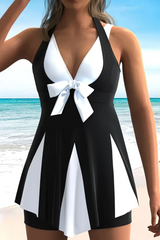 2026 Women's Elegant Color-Block Tankini Set with Bow Detail