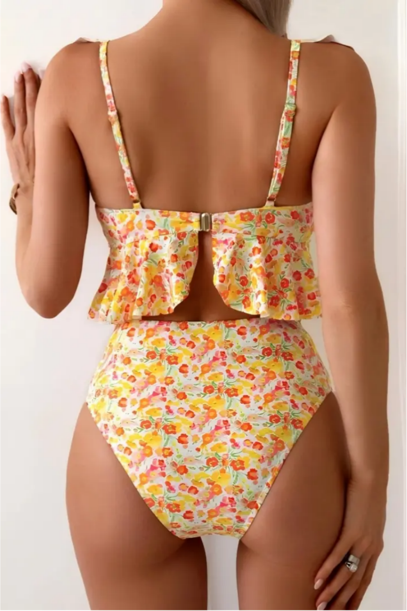 2026 Women's Printed High-Waisted Ruffled Bikini Set