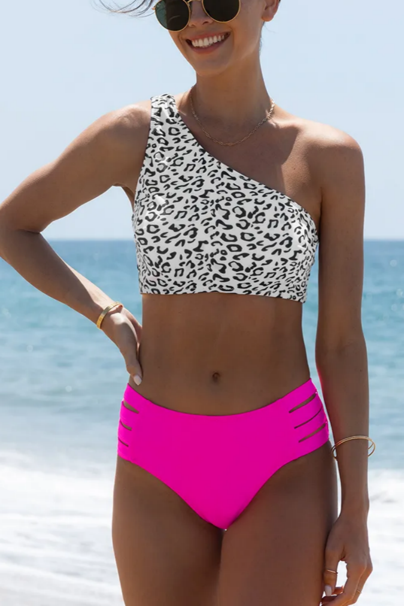 2026 Women's Wild Leopard Print Cutout One-Shoulder Bright Pink Bikini Set