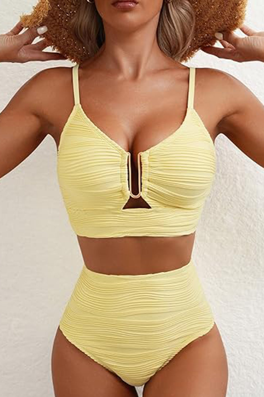 Textured Plunge Adjustable Crisscross Back Bikini Set