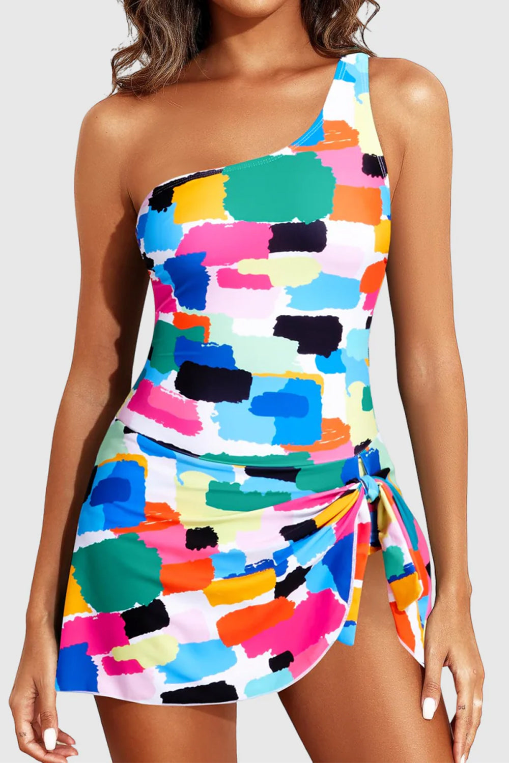 Color Block One Piece Swim Dress One Shoulder Swimsuit with Skirt