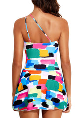 Color Block One Piece Swim Dress One Shoulder Swimsuit with Skirt