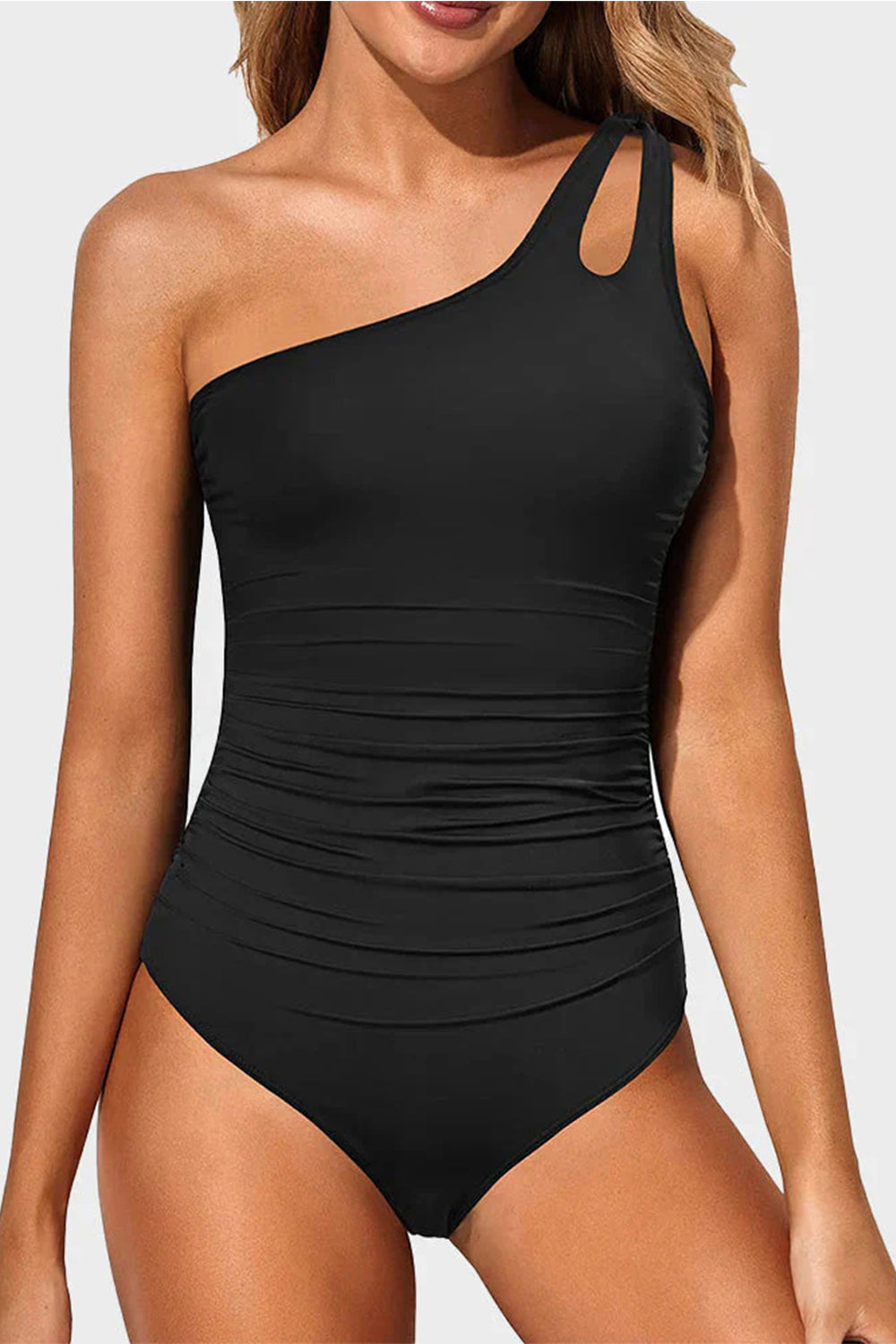 Stylish Black One-Shoulder Tummy Control One Piece Swimsuit