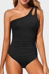 Stylish Black One-Shoulder Tummy Control One Piece Swimsuit