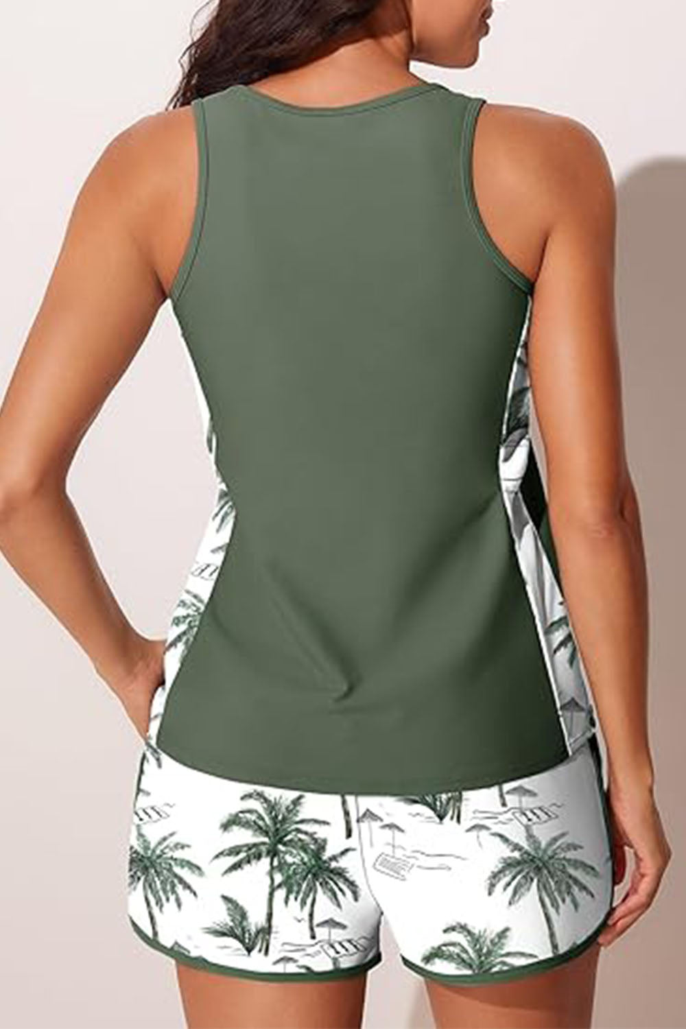Sporty Blouson Two Piece Tankini Swimsuits with Green Coconut Tree Print