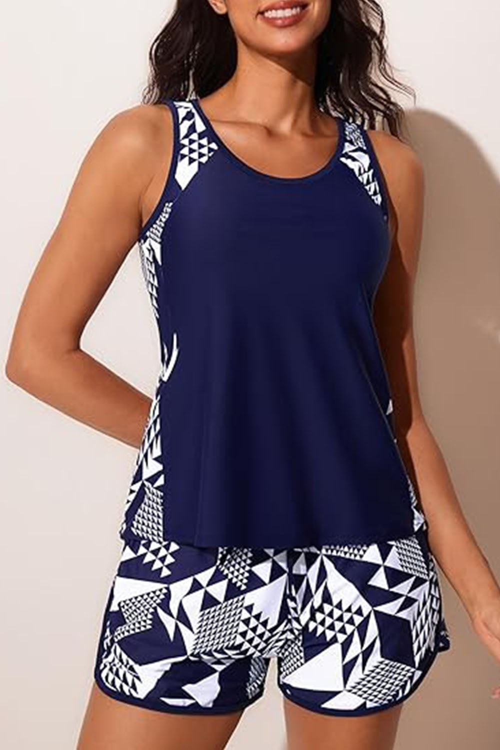 Sporty Blouson Two Piece Tankini Swimsuits with Cube Print