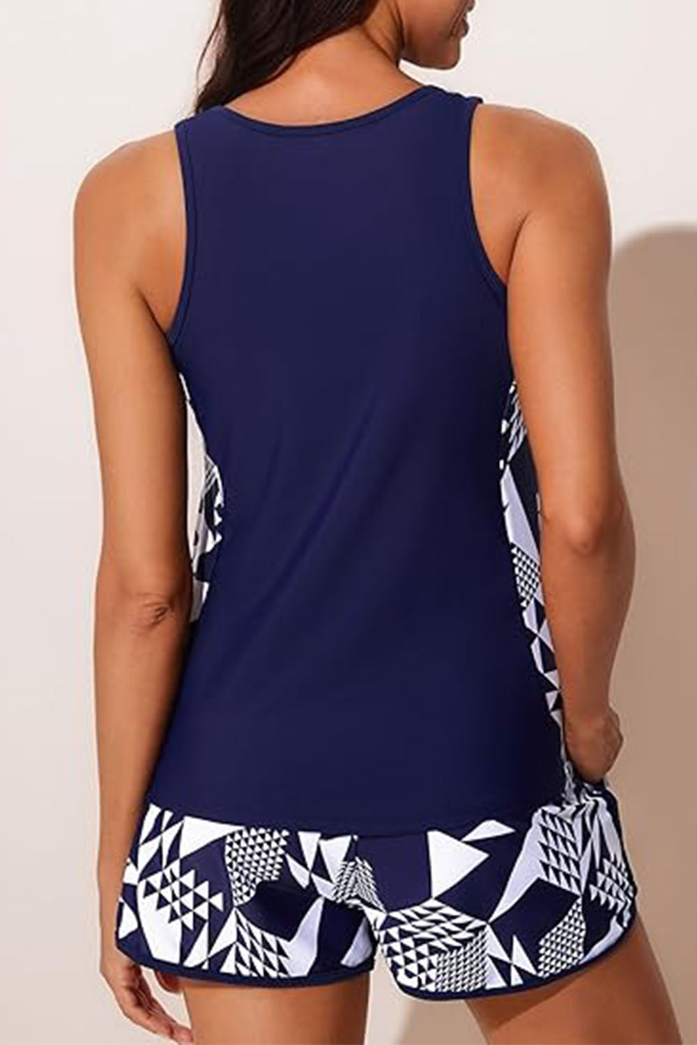Sporty Blouson Two Piece Tankini Swimsuits with Cube Print