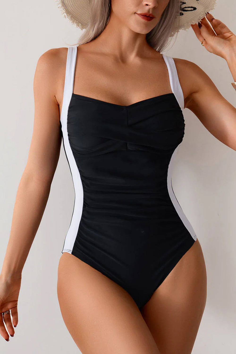 Ruched Tummy Control Bathing Suit Slimming Color Block One Piece Swimsuit