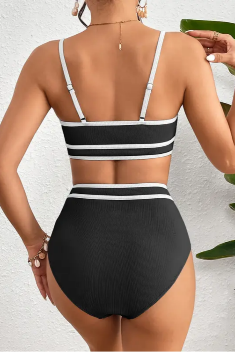 2026 Women's Ribbed Color Block High Waist Two-Piece Bikini Set