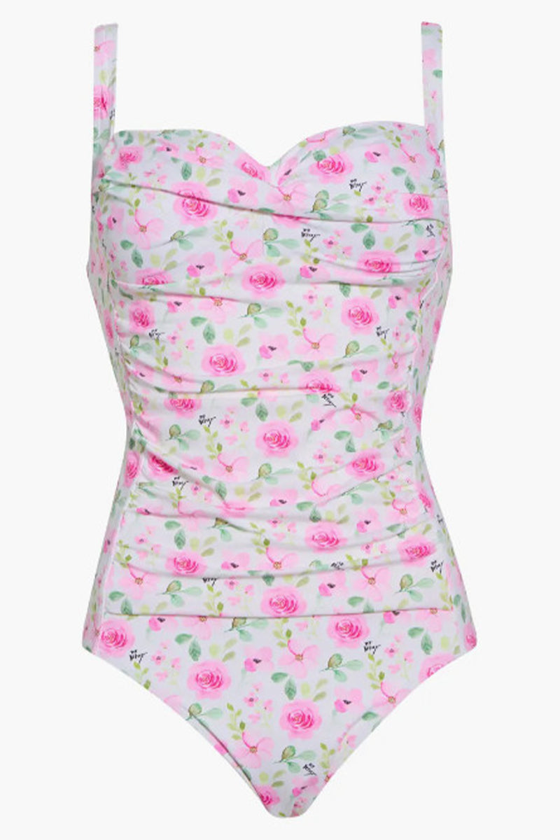 Women's Rose Print Pleated One-Piece Swimsuit