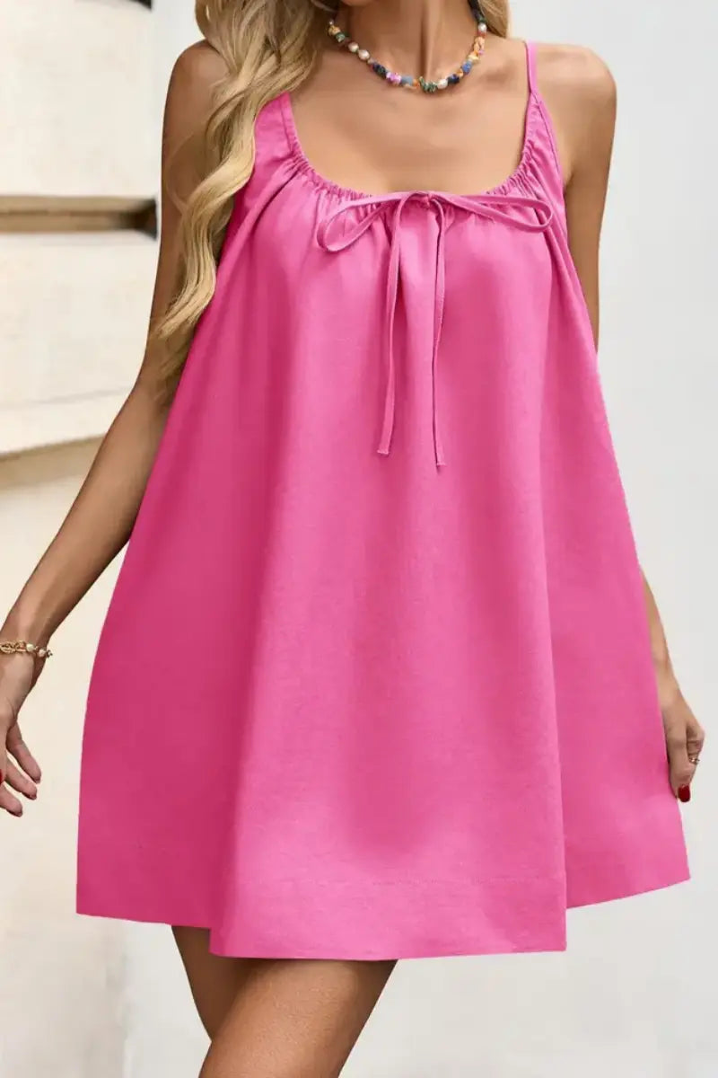 2026 Women Solid Color Spaghetti Strap Front Tie Backless Loose A-Line Mini Beach Cover Up Dress