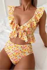 2026 Women's Printed High-Waisted Ruffled Bikini Set