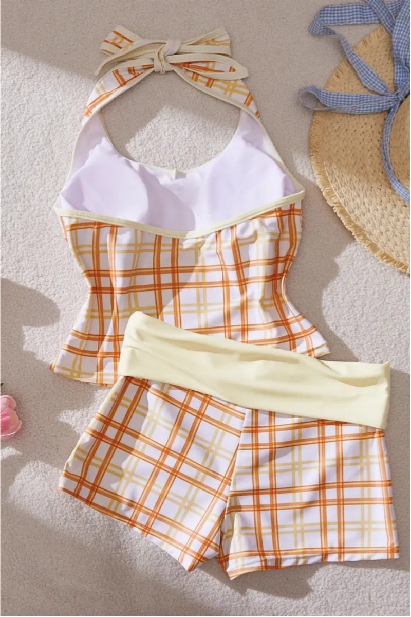 2026 Women's Sporty Beige Plaid Two-Piece Swimsuit