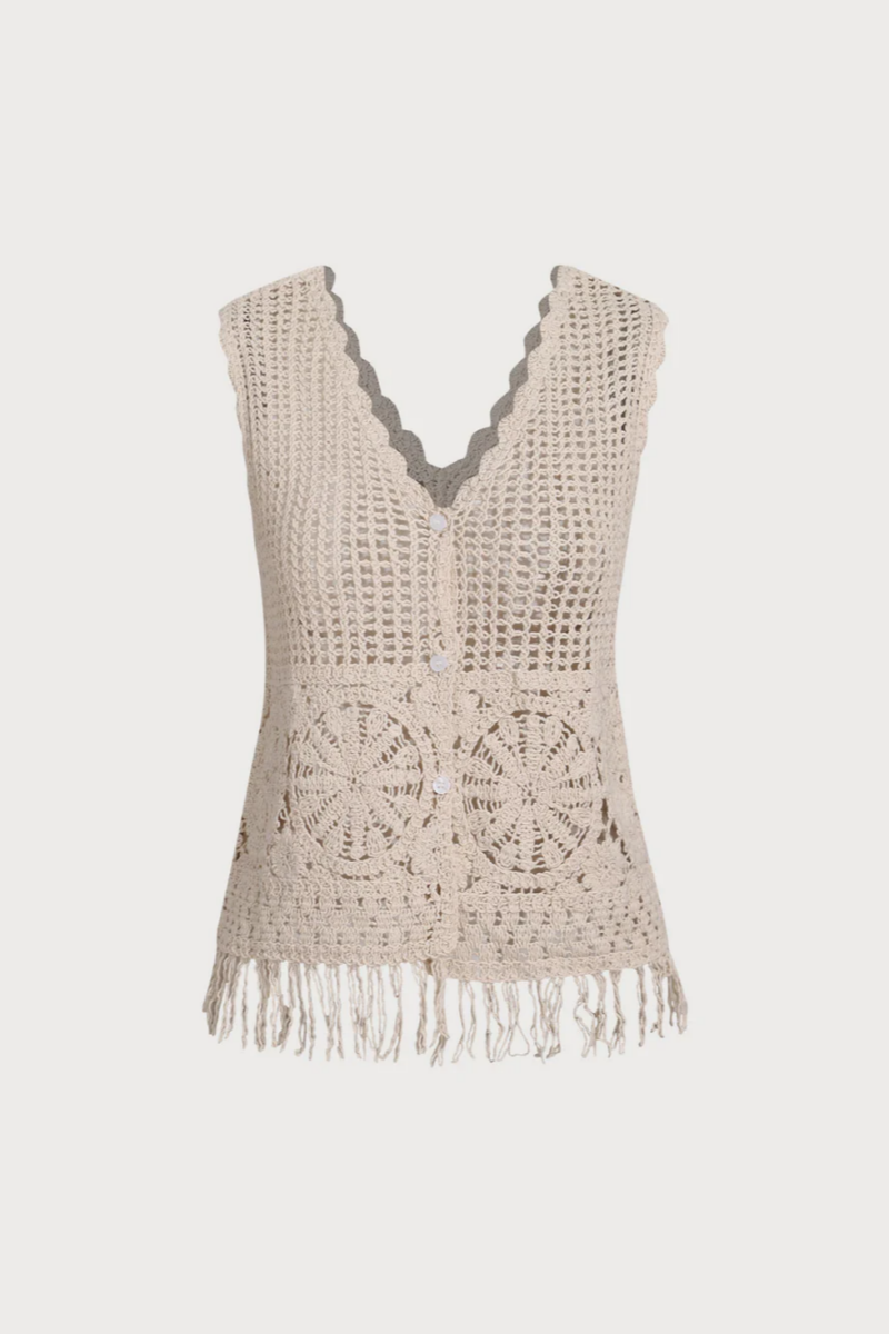 2026 Apricot Crochet Net Button Vest Blouse