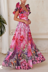 2026 Ruffled Blooming Flowers Print One Piece Swimsuit and Sarong