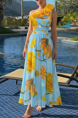 2026 Women's One-Shoulder Swimsuit with 3D Floral Print and Matching Skirt Set
