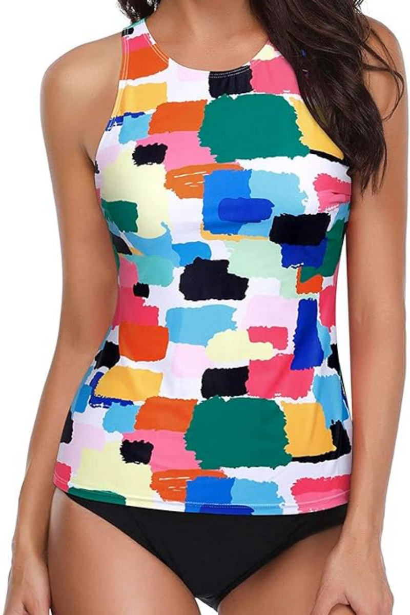 2026 Women's High-Neck Color-Block Multi-Color Print Two-Piece Tankini Swimsuit Set