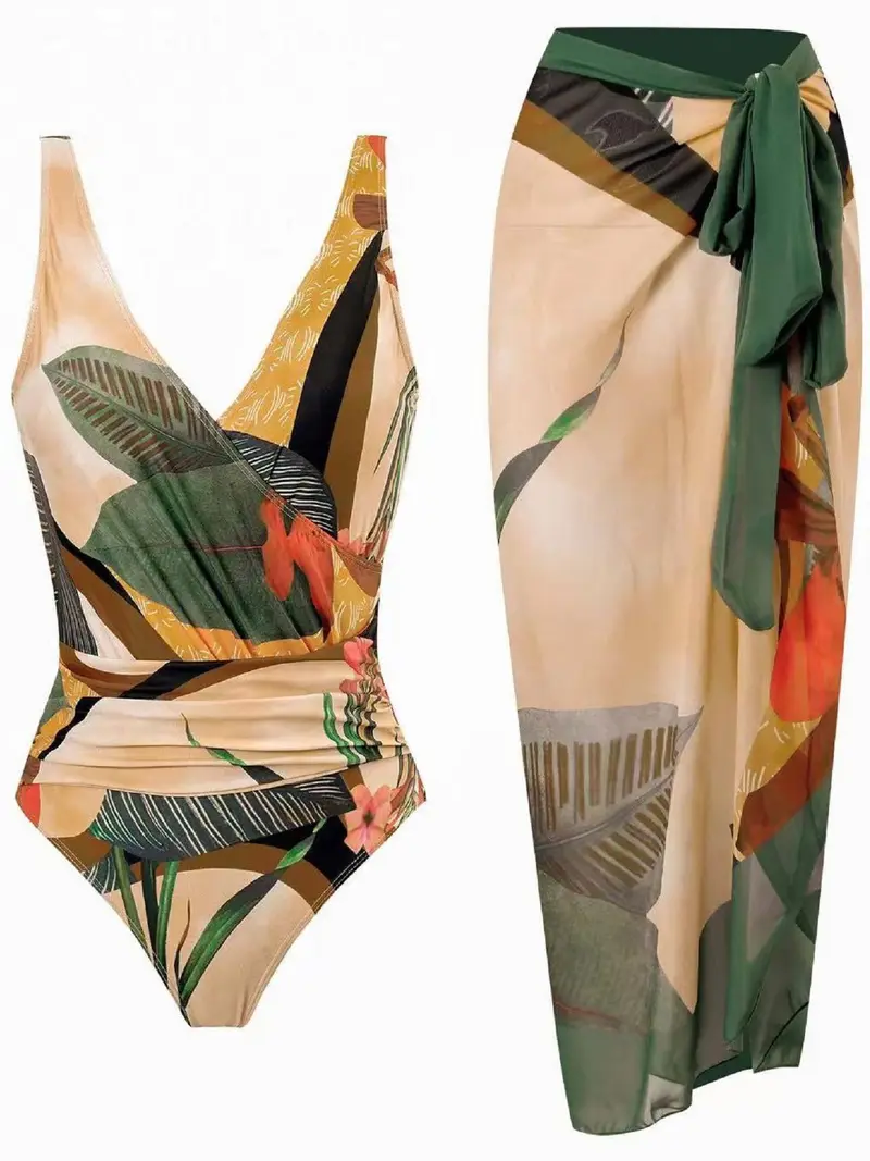 2026 Women's Ruffled Backless Tropical Print Bodycon Swimsuit and Tie-Waist Skirt Set