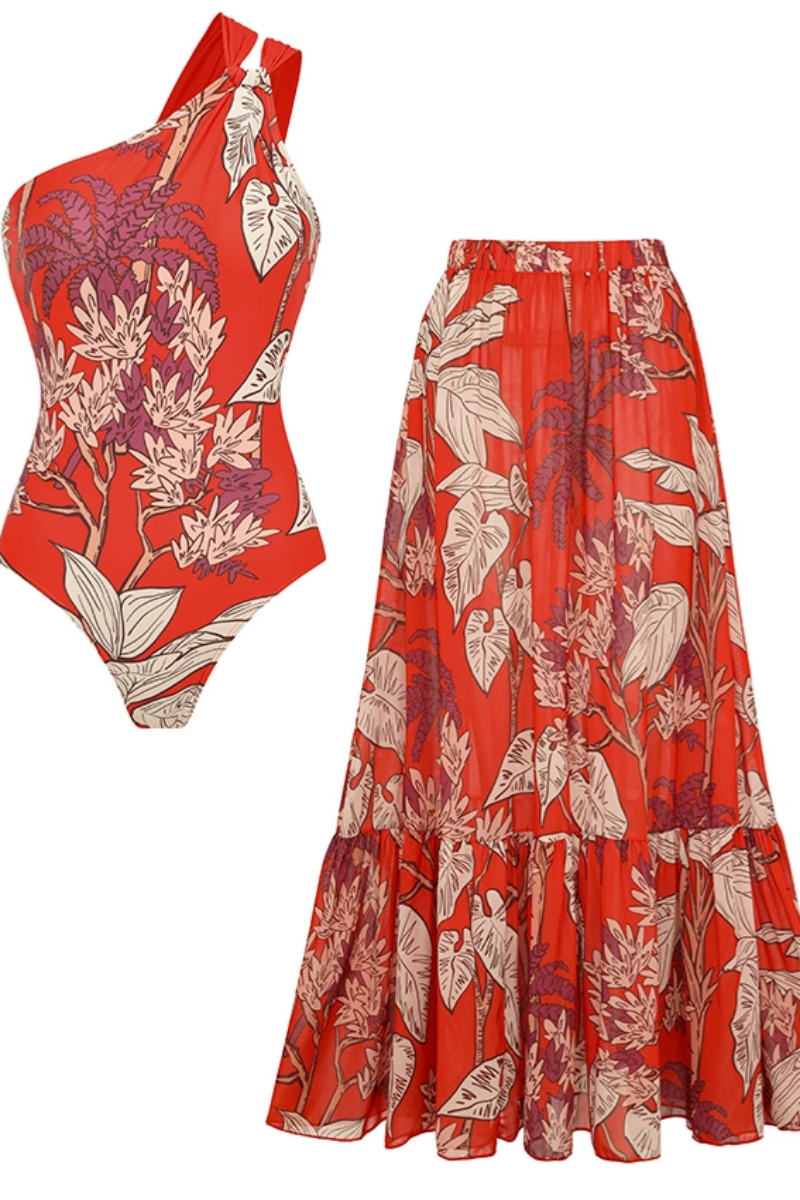 2026 Women's Elegant Botanical Print One-Shoulder Swimsuit and Long Skirt Two-Piece Set
