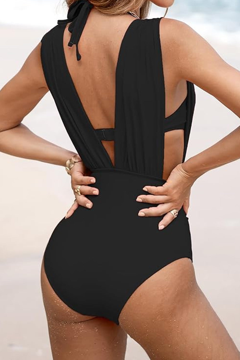 Women's One Piece Swimsuit Halter Plunging Neck Bathing Suit