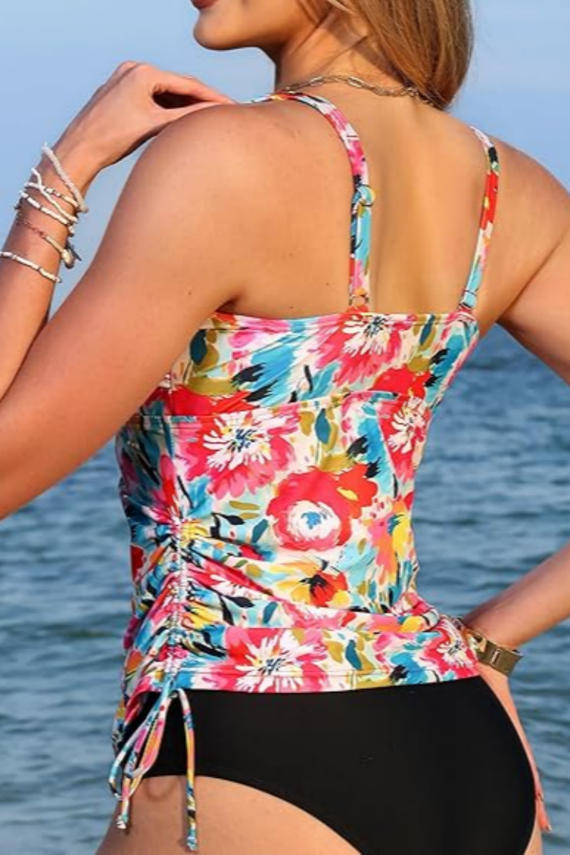 2026 Women's Printed One-Shoulder Tankini Set with Side Drawstrings