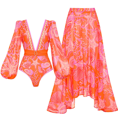 2026 Long-sleeve V-neck Printed One-piece Swimsuit with a Skirt