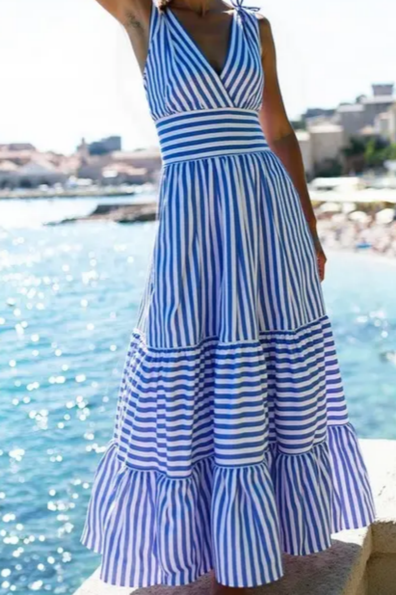 2026 Women's V-Neck Bow-Detail Blue Striped One-Piece Swimsuit & Skirt Set