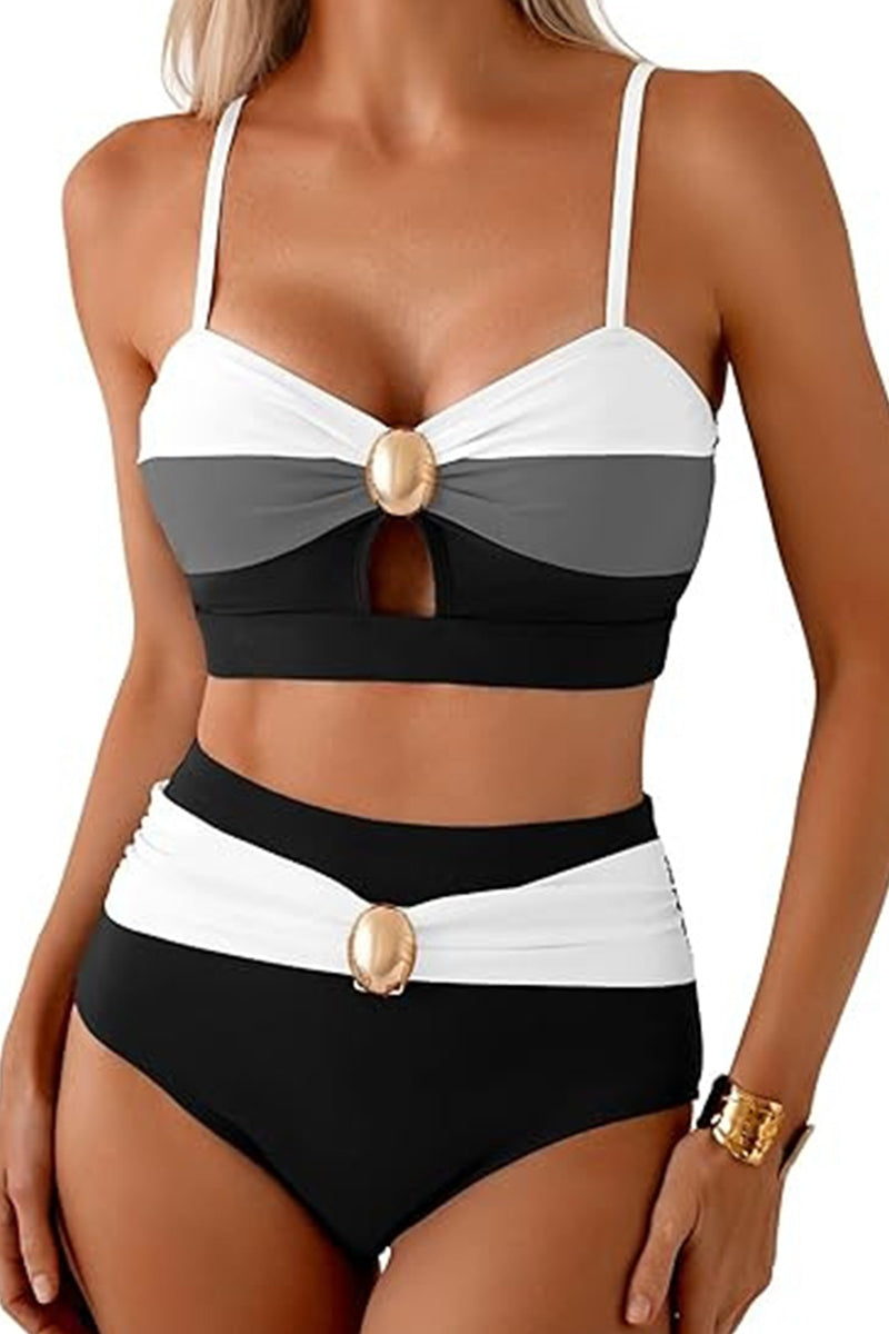 2026 Women's Oval Metal Hollowed-Out Two-Piece Color-Blocked Bikini Set
