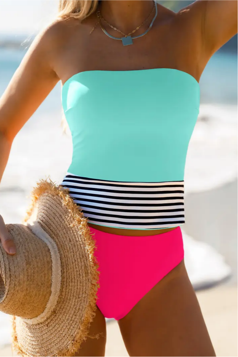 Women's Backless Strapless Tankini Set With Detachable Shoulder Straps
