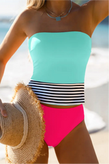 Women's Backless Strapless Tankini Set With Detachable Shoulder Straps