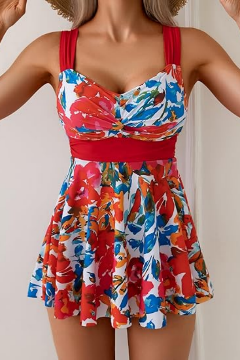 2026 Women's Off-Shoulder Printed Color Block Flowy Swimsuit