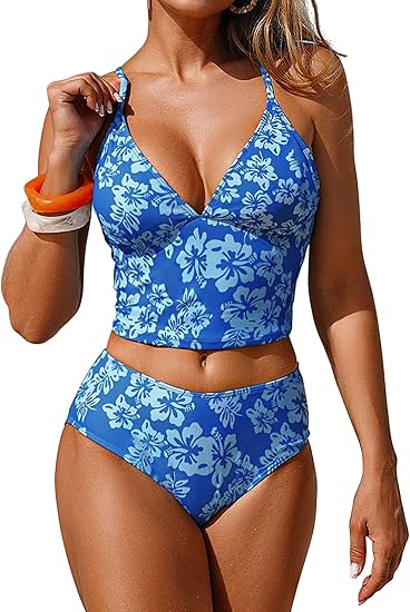2026 Women's Cute Floral Print Camisole Swimsuit Set with High Waist and Tank Top