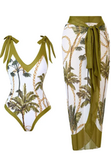 2026 Women's Botanical Print One-Piece Swimsuit with Sheer Cover-Up Skirt Set